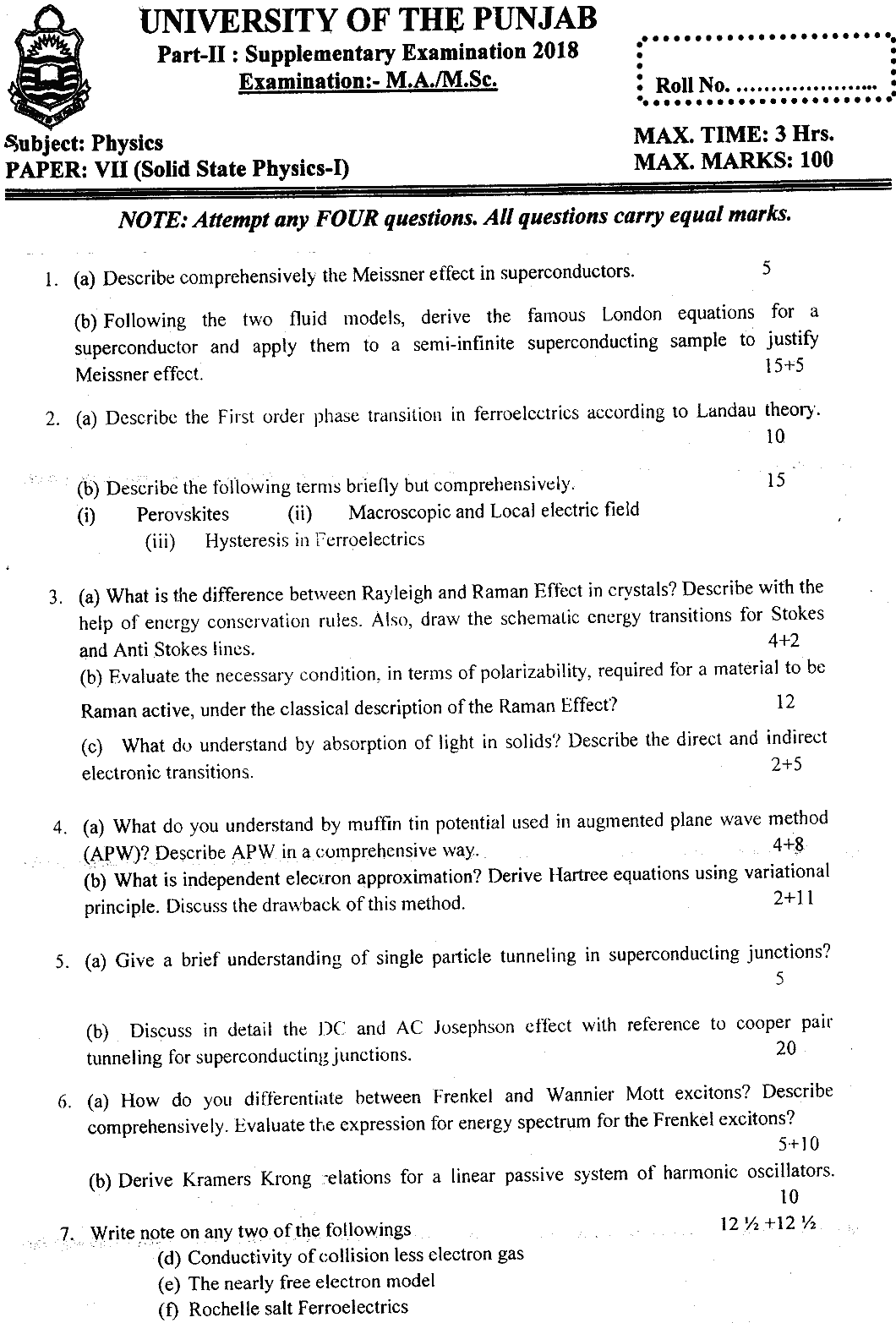MSc Part 2 Physics Solid State Physics 1 Past Paper 2018 Punjab University Subjective