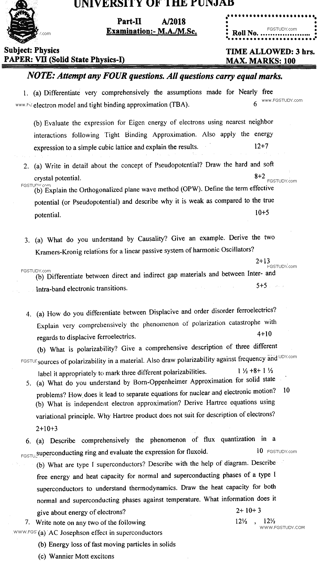 MSc Part 2 Physics Solid State Physics 1 Past Paper 2018 Punjab University Subjective