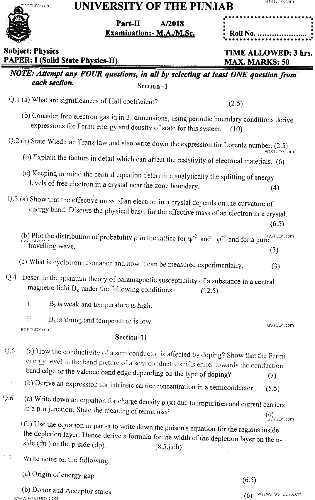 MSc Part 2 Physics Solid State Physics 2 Past Paper 2018 Punjab University Subjective