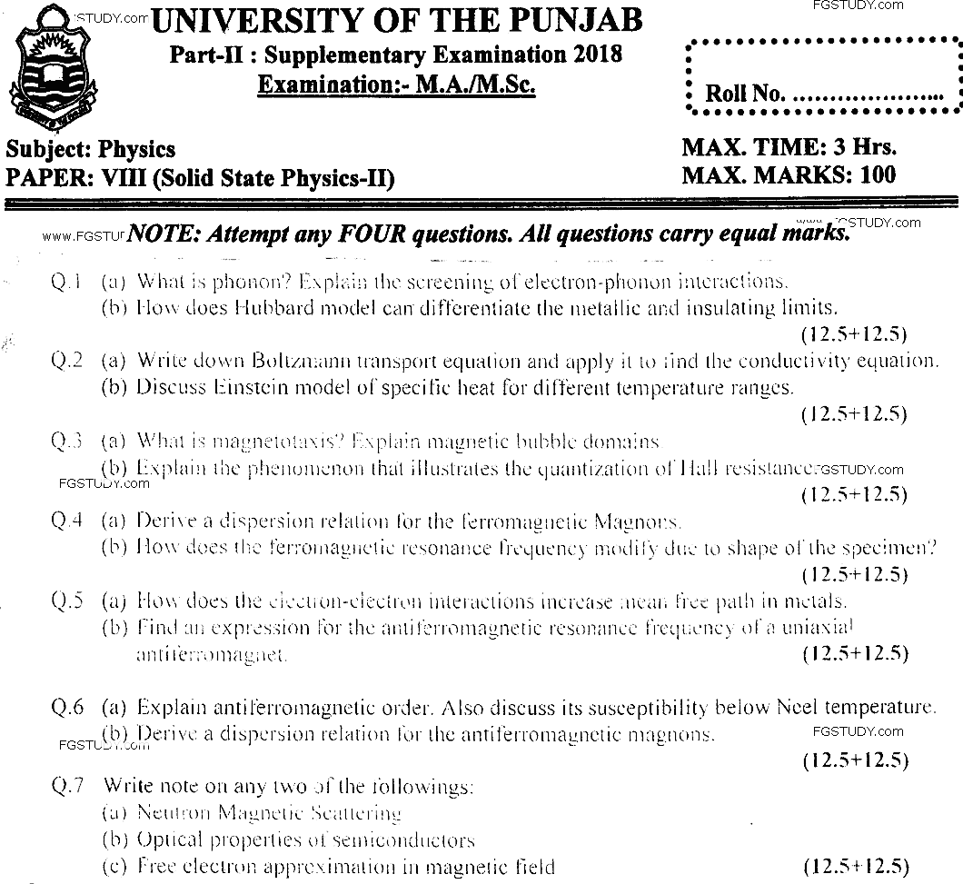 MSc Part 2 Physics Solid State Physics 2 Past Paper 2018 Punjab University Subjective