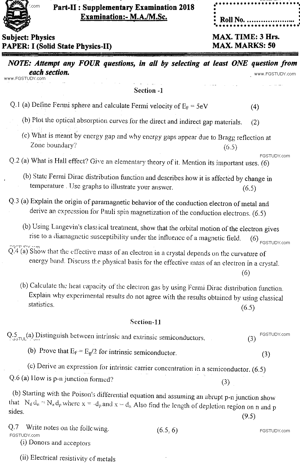 MSc Part 2 Physics Solid State Physics 2 Past Paper 2018 Punjab University Subjective