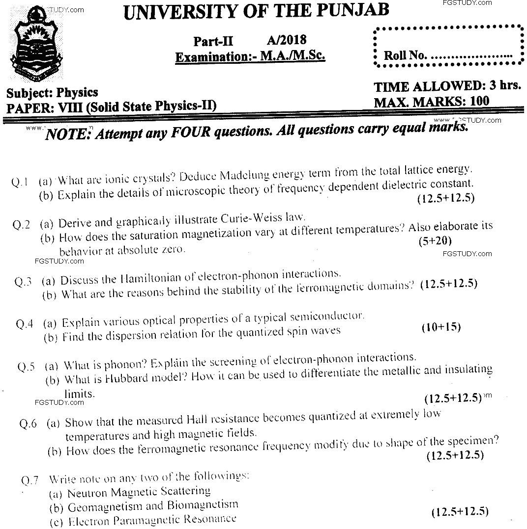 MSc Part 2 Physics Solid State Physics 2 Past Paper 2018 Punjab University Subjective