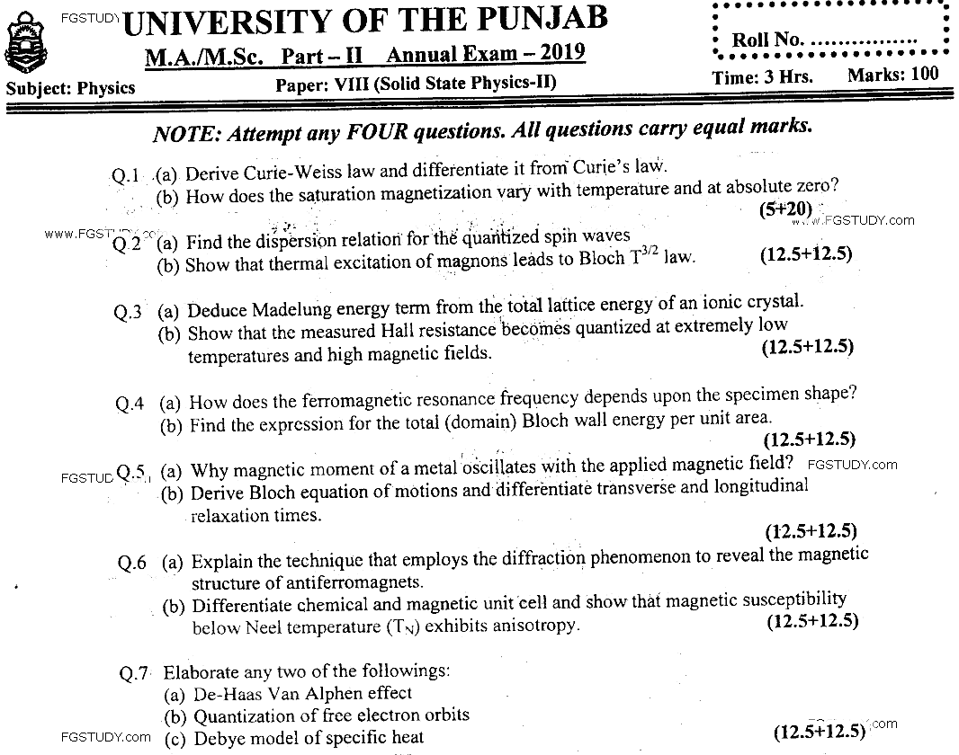 MSc Part 2 Physics Solid State Physics 2 Past Paper 2019 Punjab University Subjective
