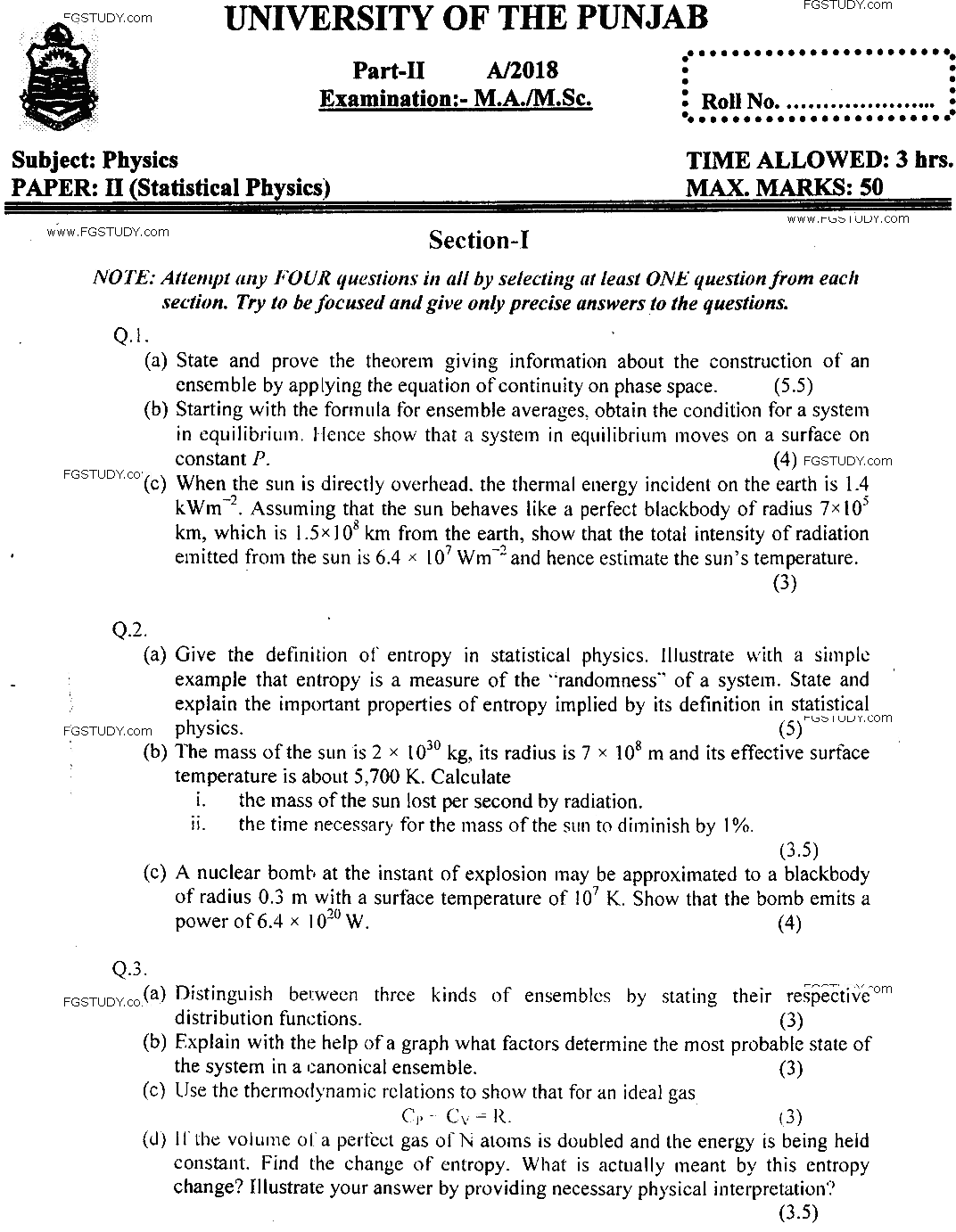 MSc Part 2 Physics Statistical Physics Past Paper 2018 Punjab University Subjective