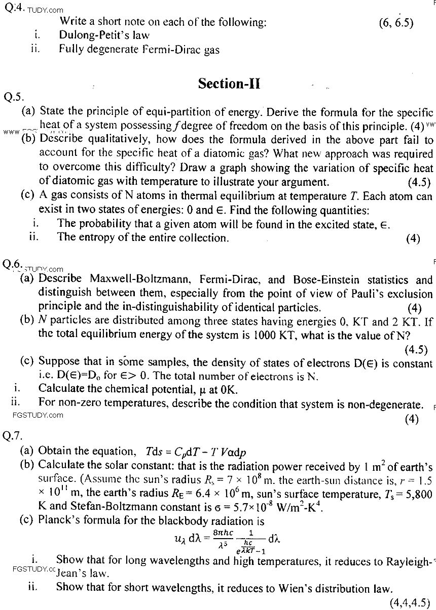 MSc Part 2 Physics Statistical Physics Past Paper 2018 Punjab University Subjective