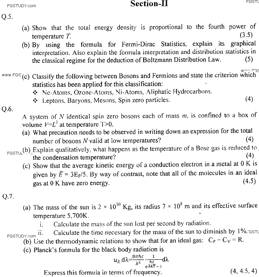 MSc Part 2 Physics Statistical Physics Past Paper 2018 Punjab University Subjective