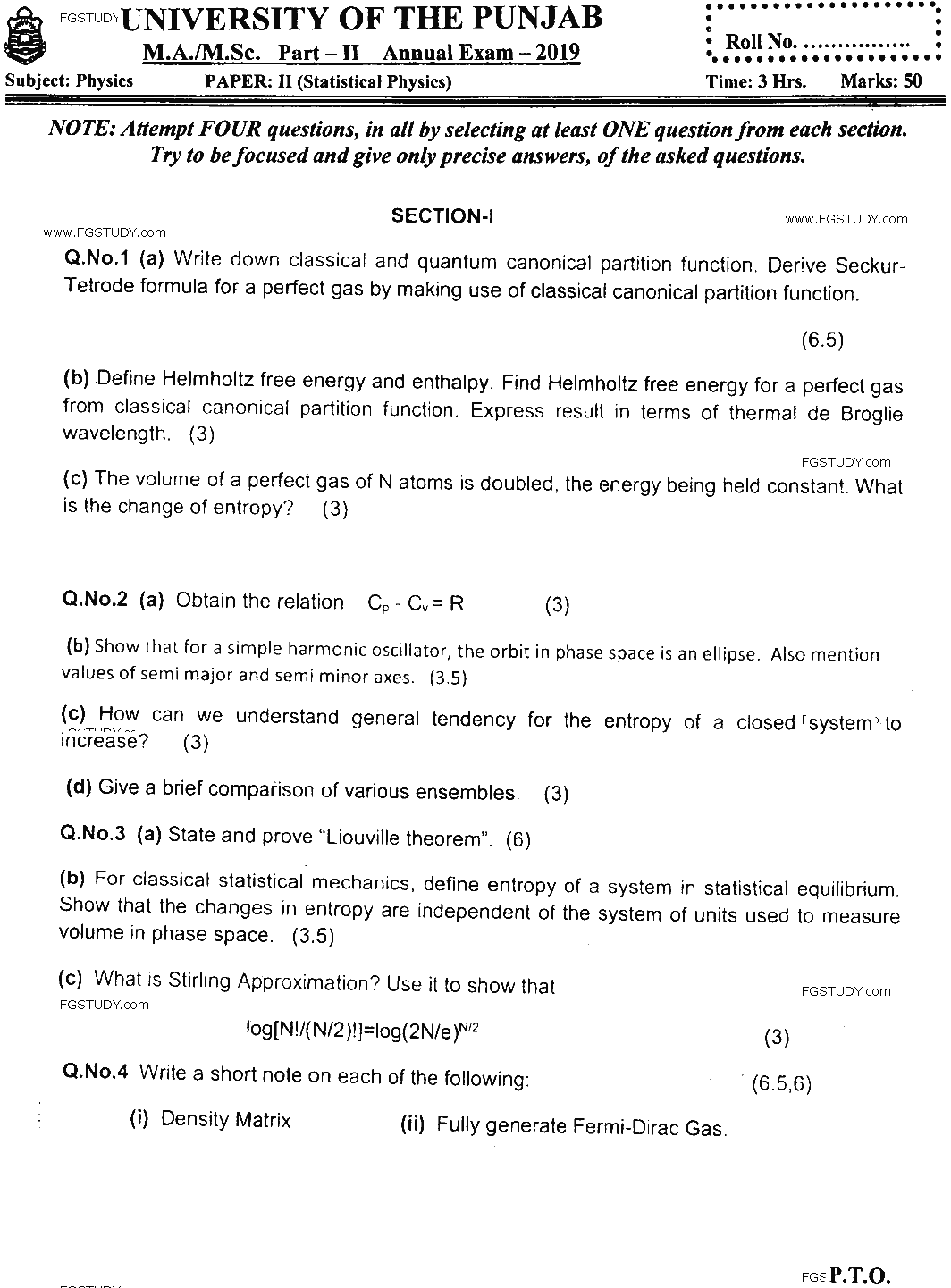 MSc Part 2 Physics Statistical Physics Past Paper 2019 Punjab University Subjective