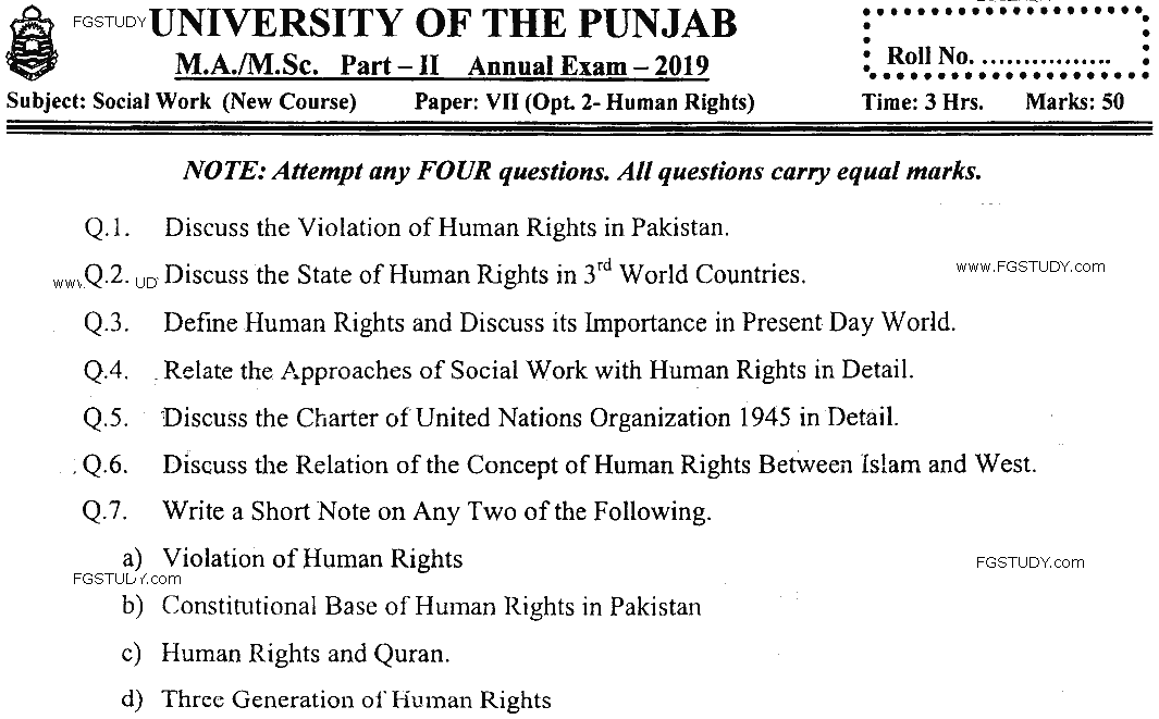 MSc Part 2 Social Work Human Rights Past Paper 2019 Punjab University Subjective