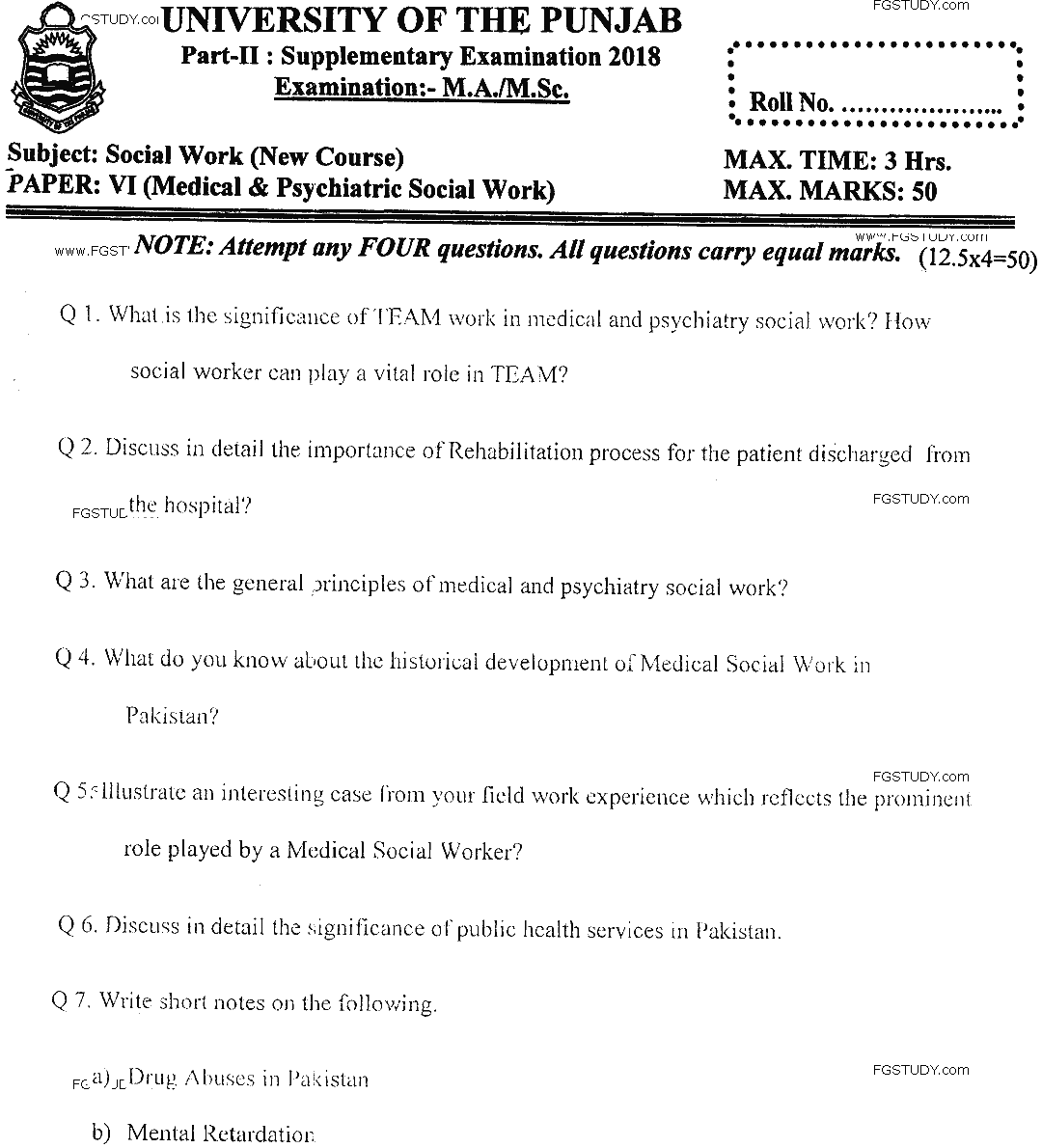 MSc Part 2 Social Work Medical And Psychiatric Social Work Past Paper 2018 Punjab University Subjective