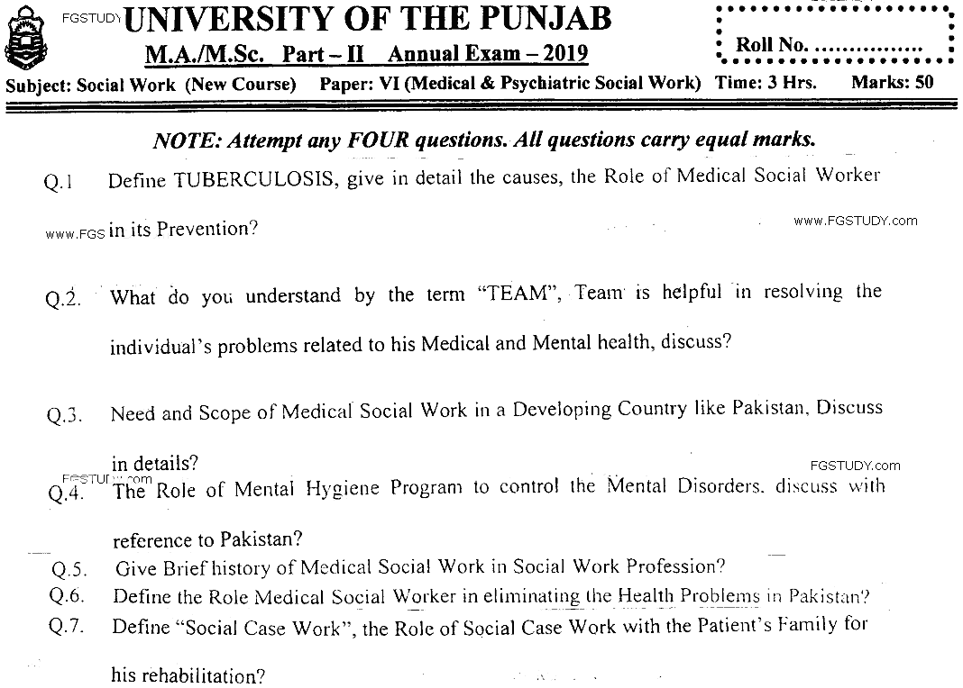 MSc Part 2 Social Work Medical And Psychiatric Social Work Past Paper 2019 Punjab University Subjective