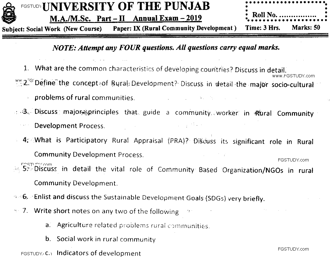 MSc Part 2 Social Work Rural Community Development Past Paper 2019 Punjab University Subjective