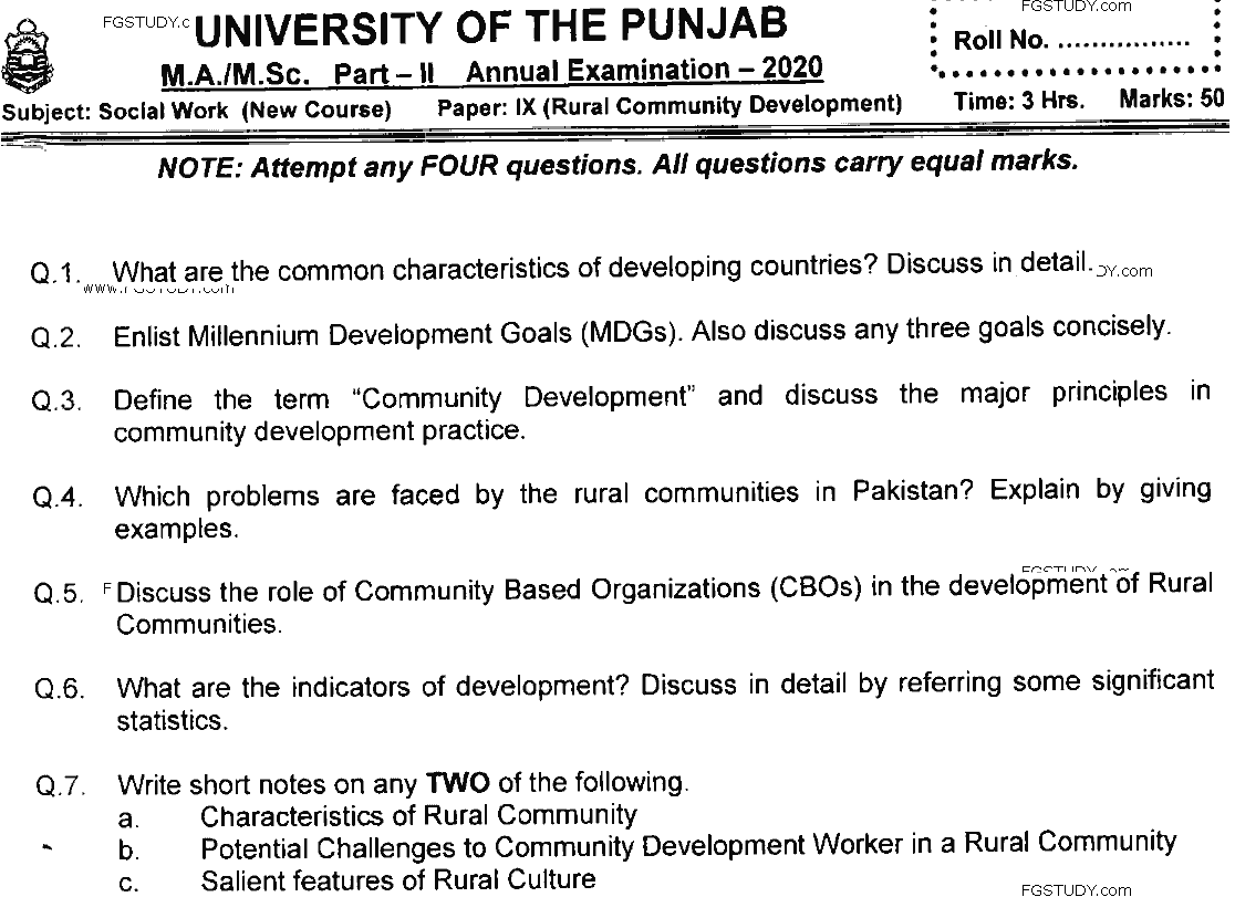 MSc Part 2 Social Work Rural Community Development Past Paper 2020 Punjab University Subjective