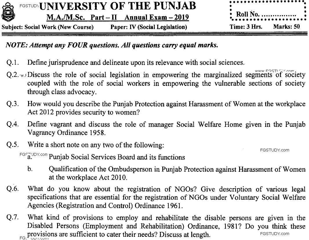 MSc Part 2 Social Work Social Legislation Past Paper 2019 Punjab University Subjective