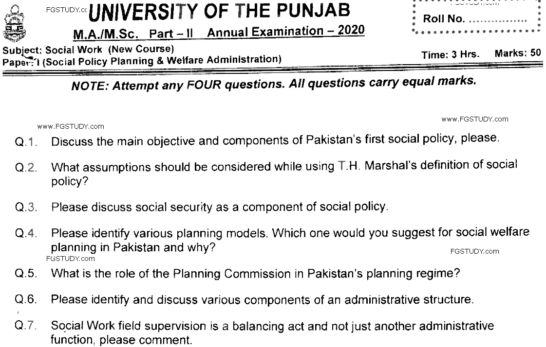 MSc Part 2 Social Work Social Policy Planning And Welfare Administration Past Paper 2020 Punjab University Subjective