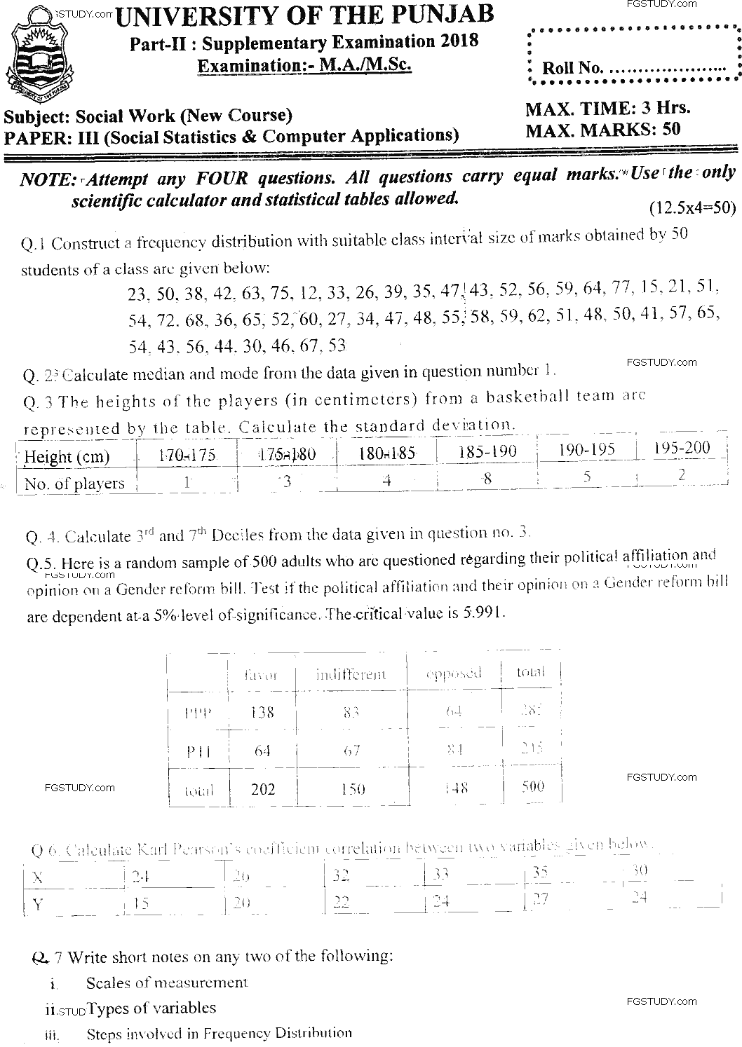 MSc Part 2 Social Work Social Statistics And Computer Application Past Paper 2018 Punjab University Subjective
