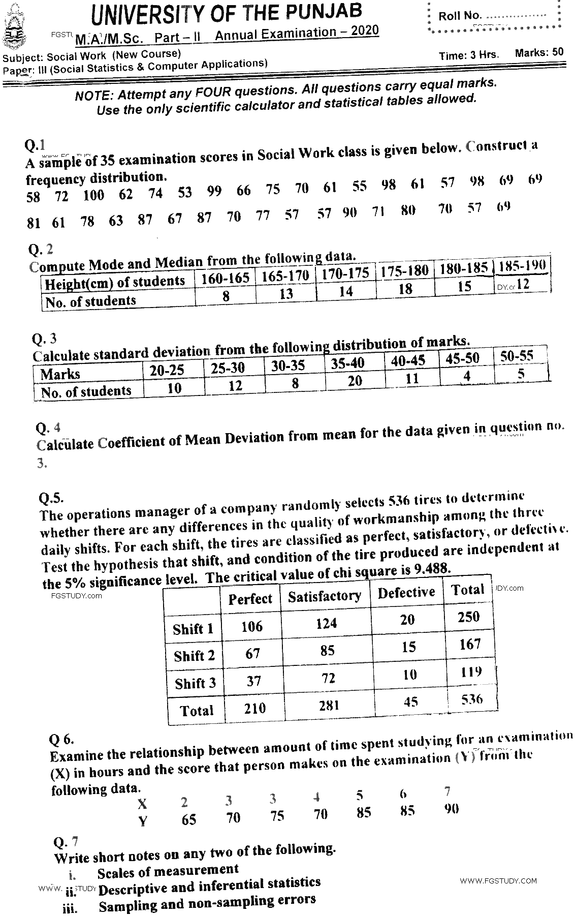 MSc Part 2 Social Work Social Statistics And Computer Application Past Paper 2020 Punjab University Subjective