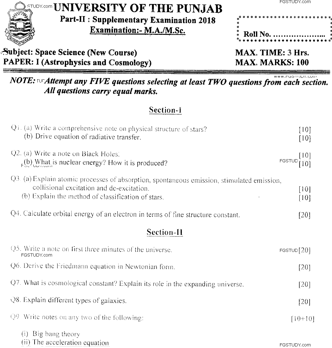 MSc Part 2 Space Science Astrophysics And Cosmology Past Paper 2018 Punjab University Subjective