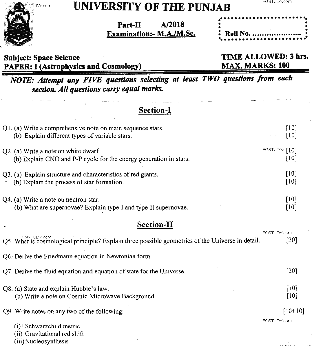 MSc Part 2 Space Science Astrophysics And Cosmology Past Paper 2018 Punjab University Subjective