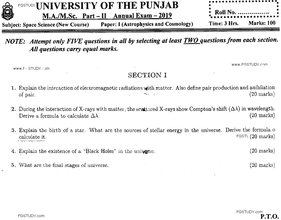 MSc Part 2 Space Science Astrophysics And Cosmology Past Paper 2019 Punjab University Subjective
