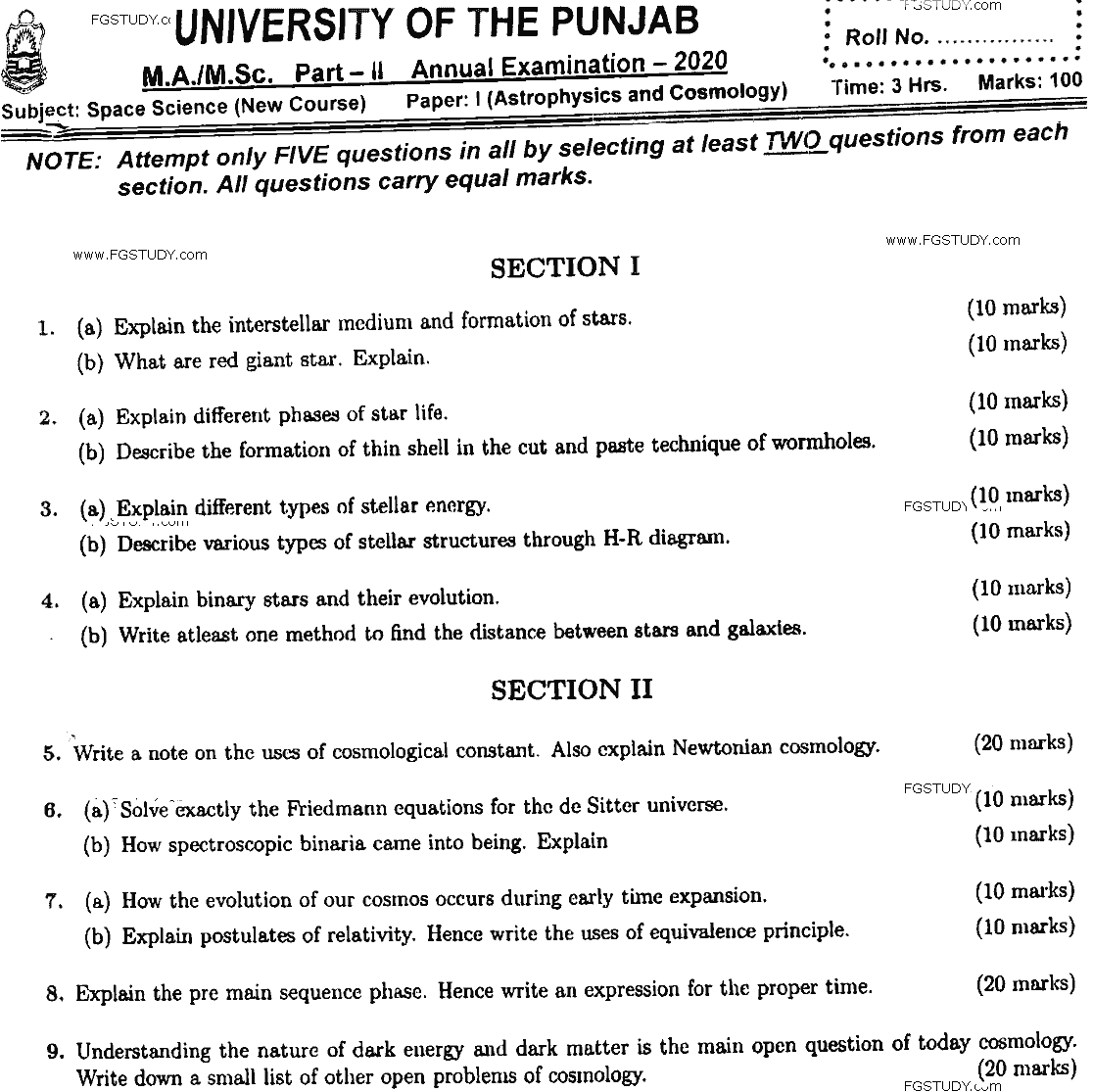 MSc Part 2 Space Science Astrophysics And Cosmology Past Paper 2020 Punjab University Subjective