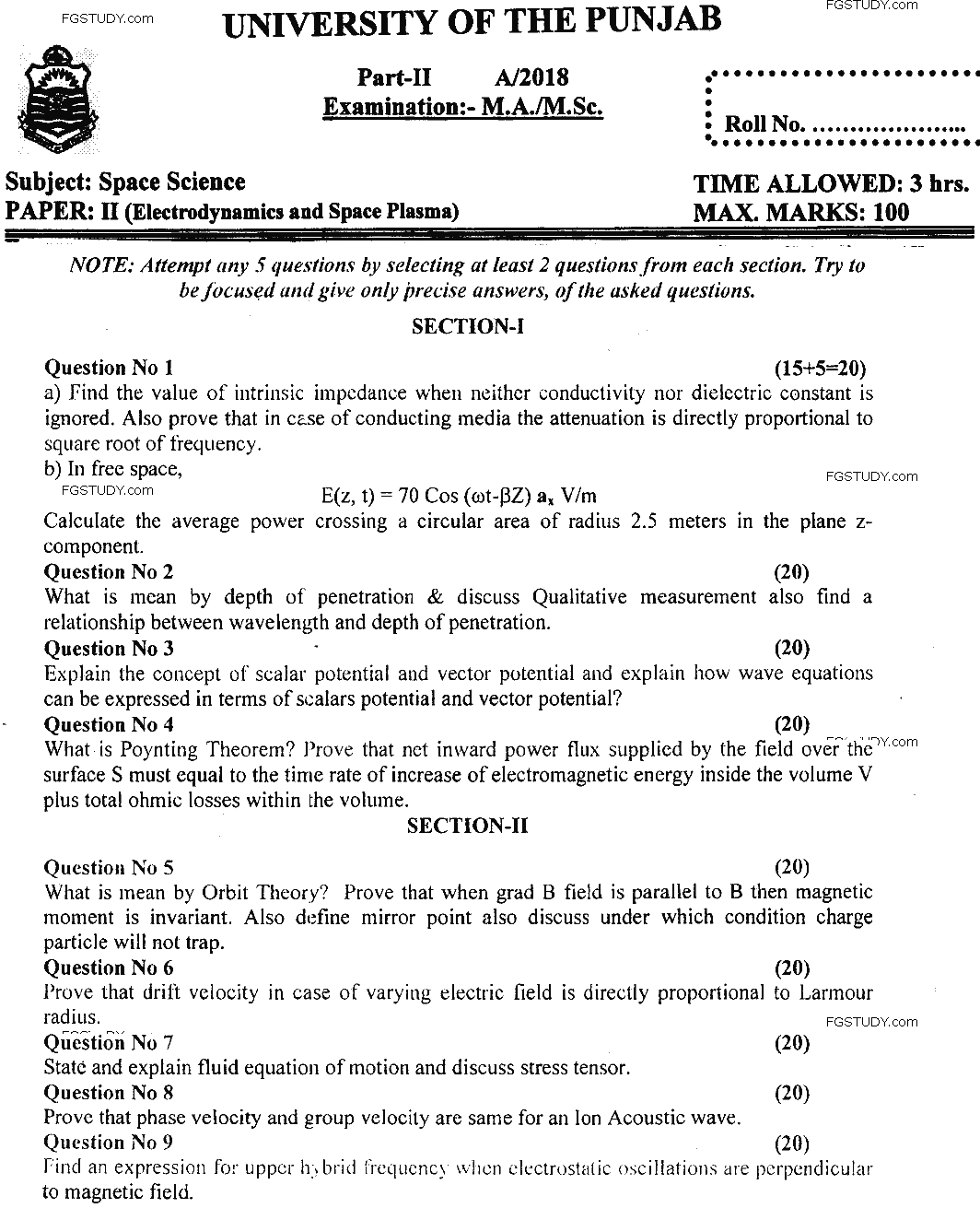 MSc Part 2 Space Science Electrodynamics And Space Plasma Past Paper 2018 Punjab University Subjective