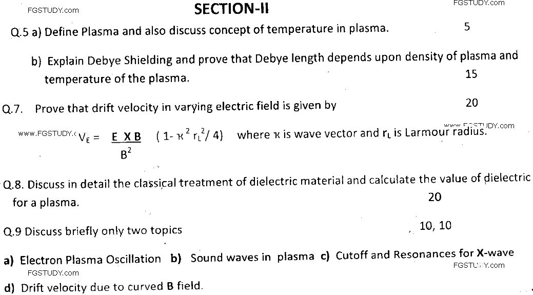 MSc Part 2 Space Science Electrodynamics And Space Plasma Past Paper 2019 Punjab University Subjective