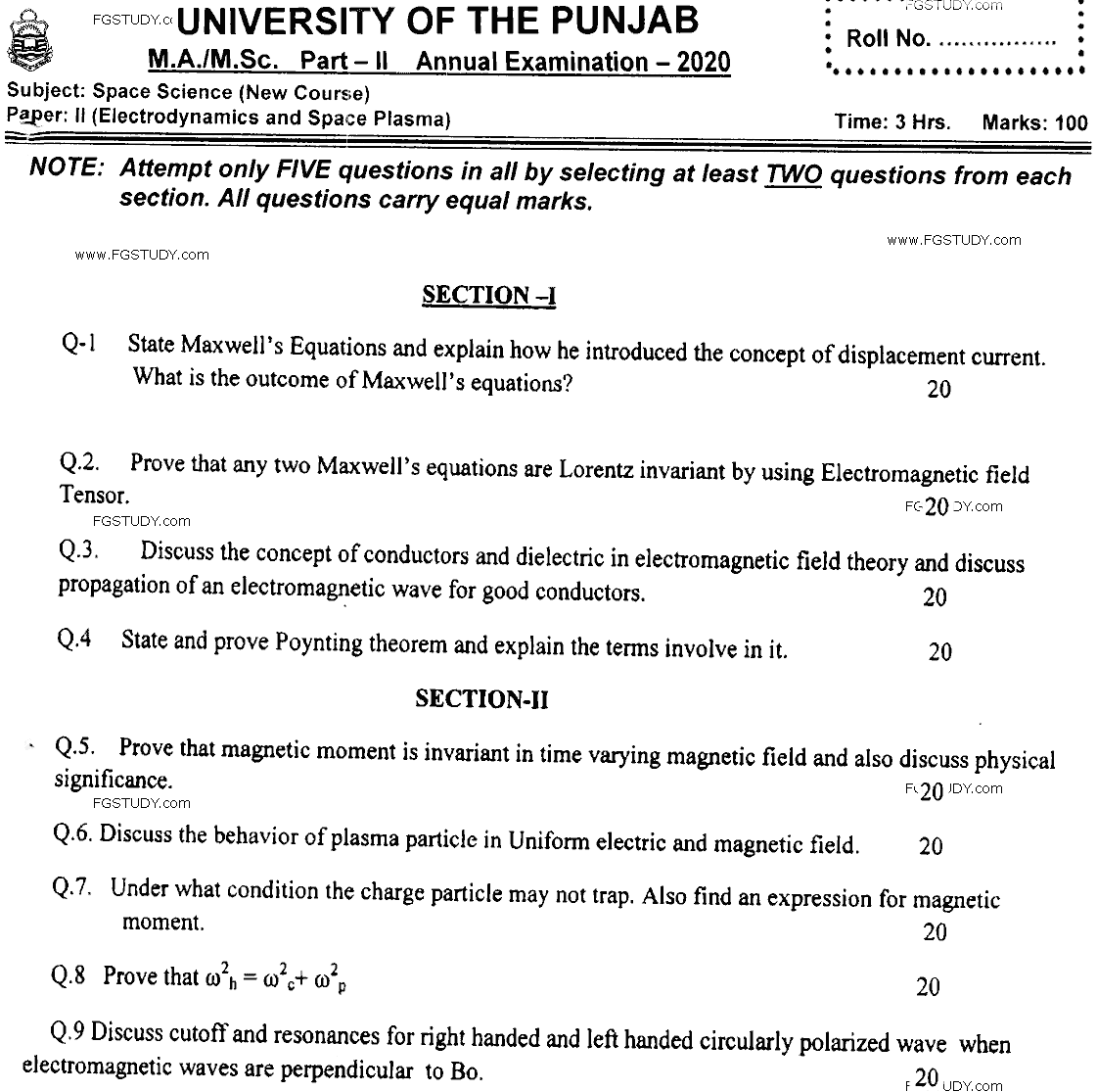 MSc Part 2 Space Science Electrodynamics And Space Plasma Past Paper 2020 Punjab University Subjective