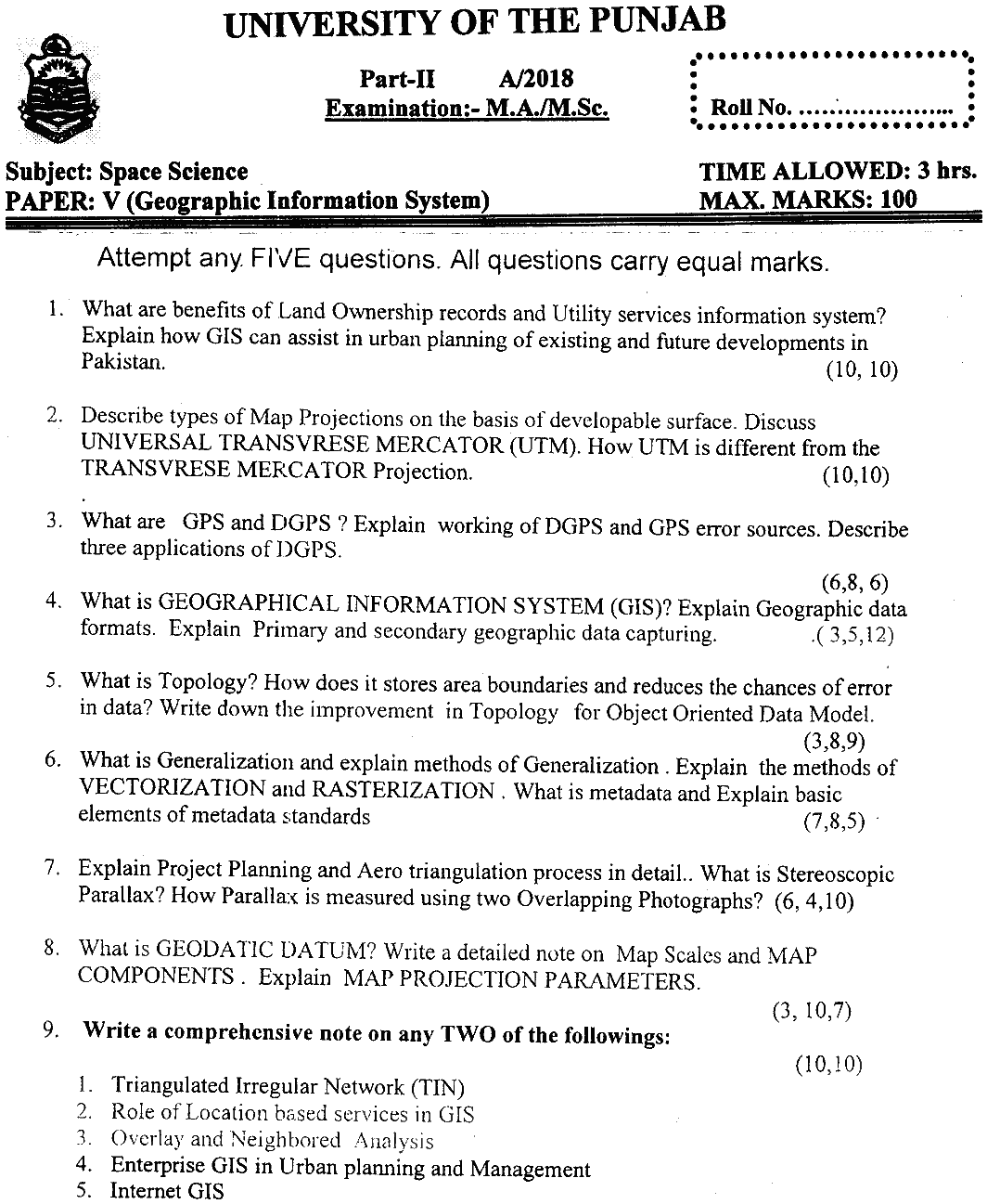 MSc Part 2 Space Science Geographic Information System Past Paper 2018 Punjab University Subjective