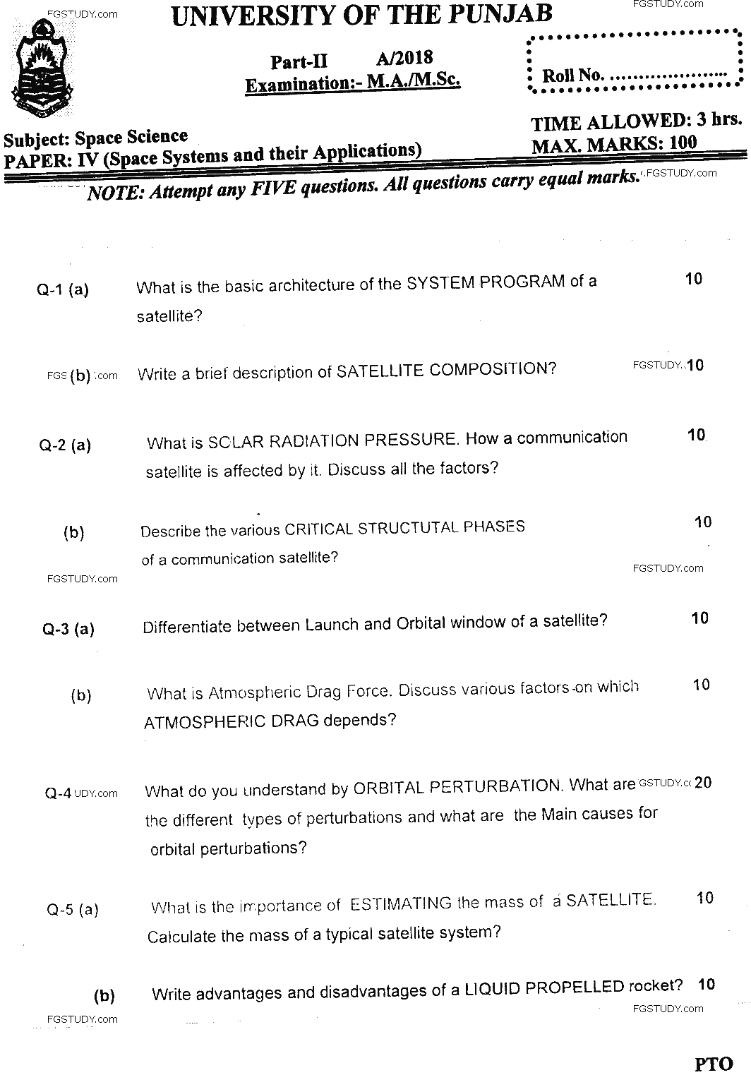 MSc Part 2 Space Science Space Systems And Their Applications Past Paper 2018 Punjab University Subjective