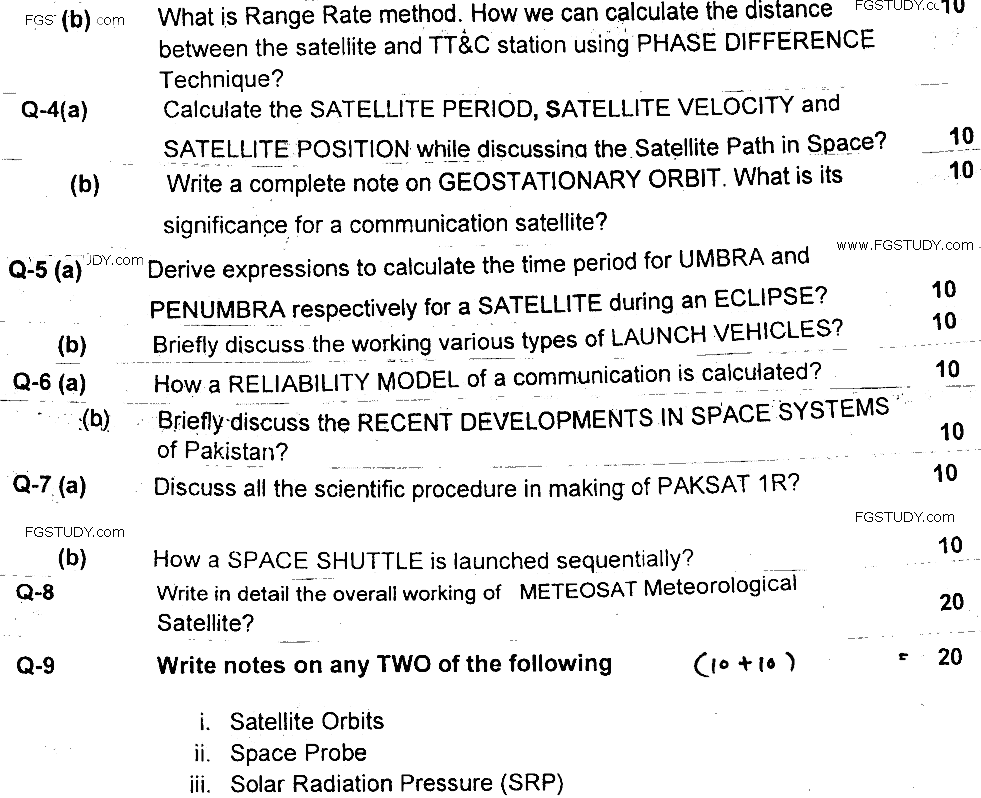 MSc Part 2 Space Science Space Systems And Their Applications Past Paper 2019 Punjab University Subjective