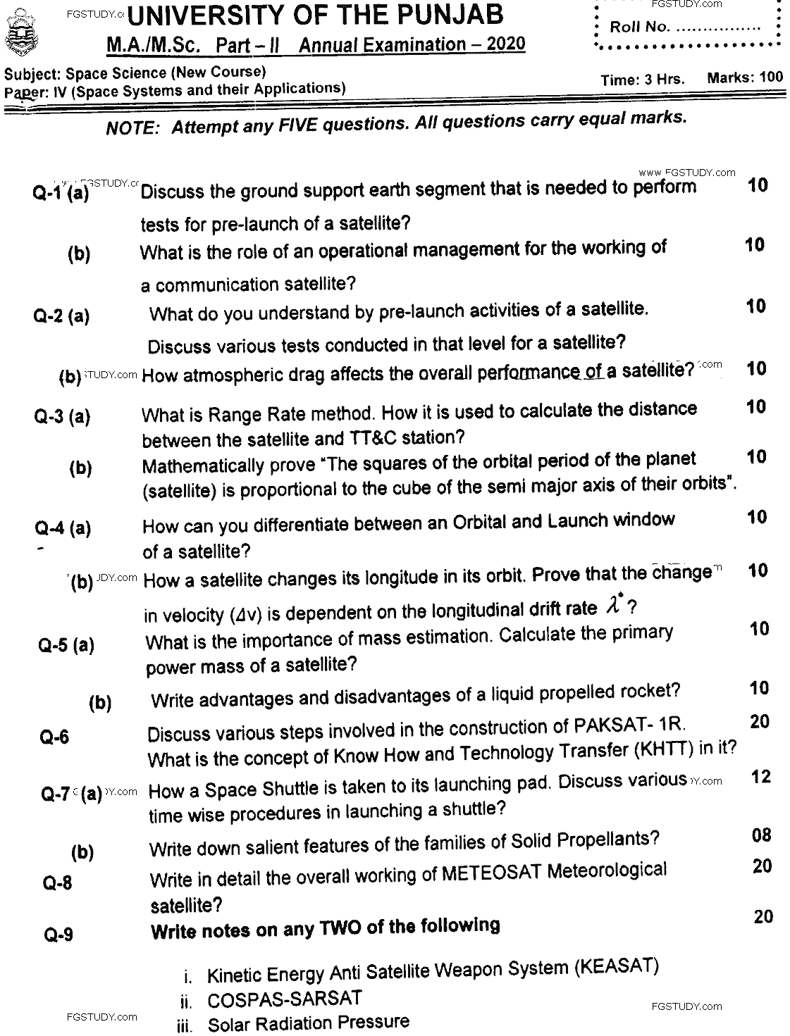 MSc Part 2 Space Science Space Systems And Their Applications Past Paper 2020 Punjab University Subjective