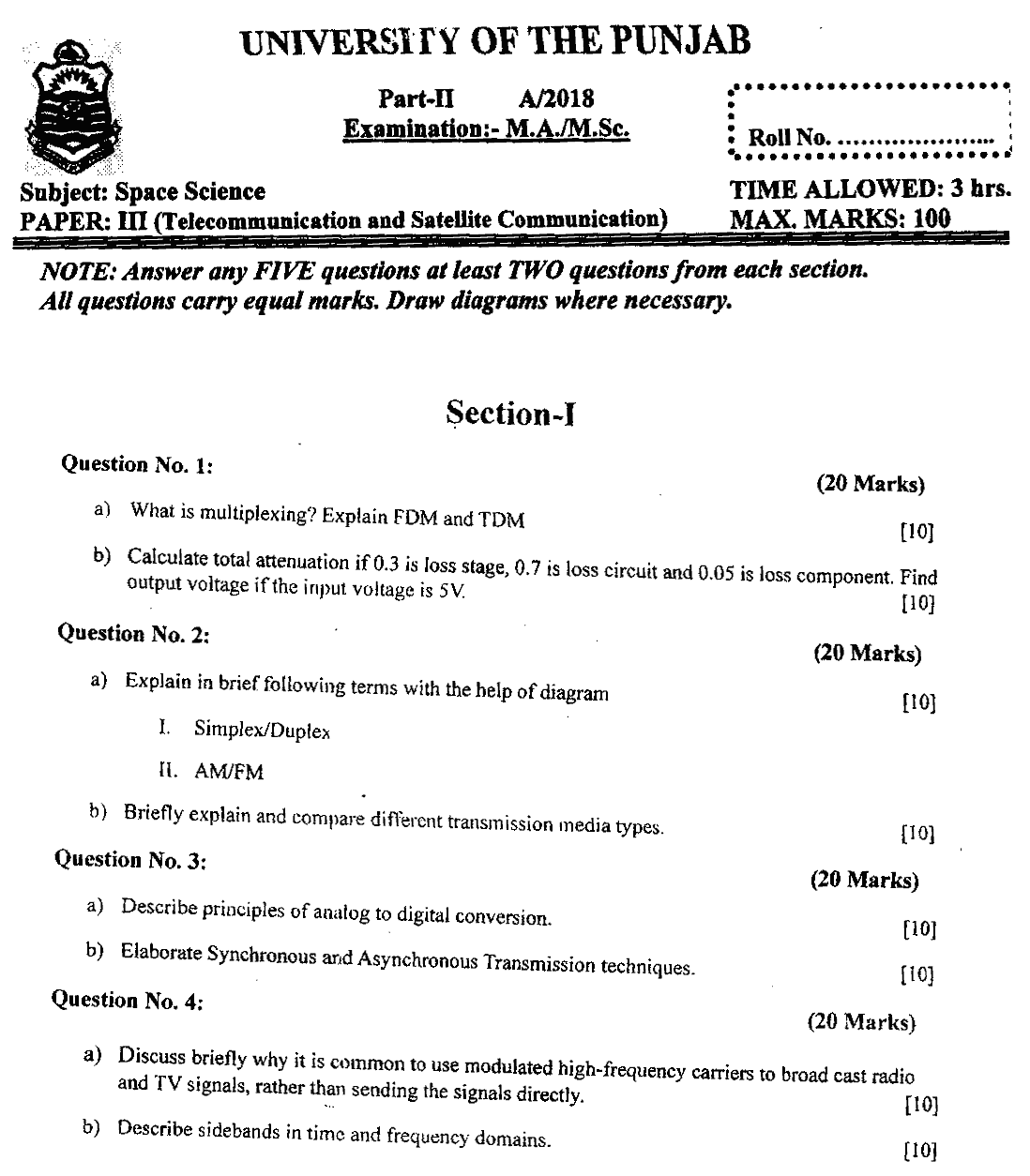 MSc Part 2 Space Science Telecommunication And Satellite Communication Past Paper 2018 Punjab University Subjective