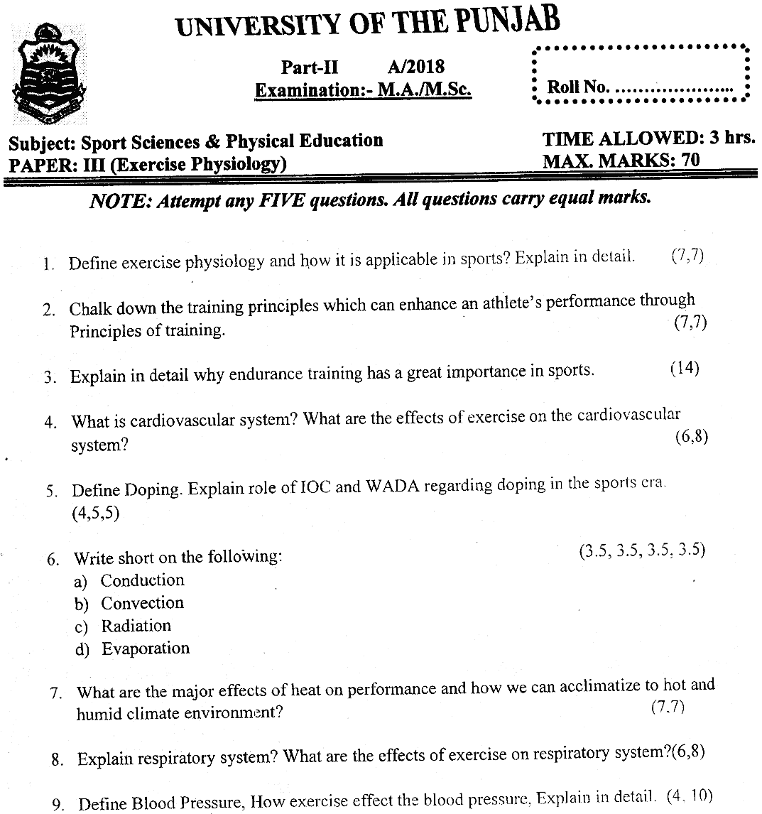 MSc Part 2 Sport Sciences And Physical Education Exercise Physiology Past Paper 2018 Punjab University Subjective