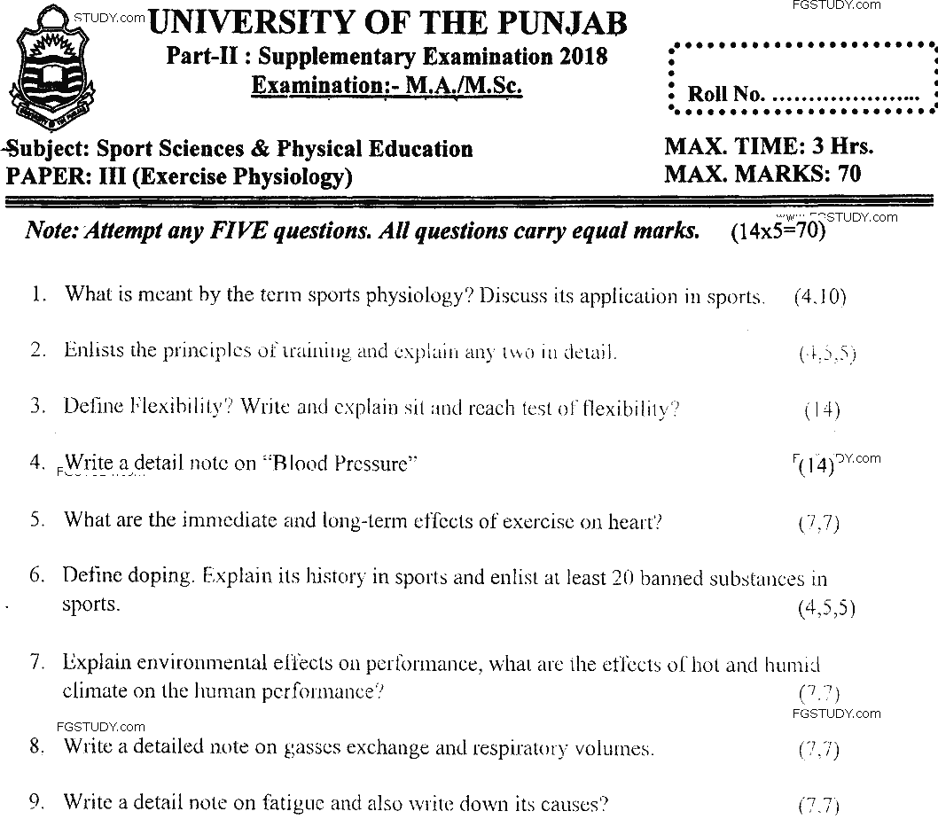 MSc Part 2 Sport Sciences And Physical Education Exercise Physiology Past Paper 2018 Punjab University Subjective
