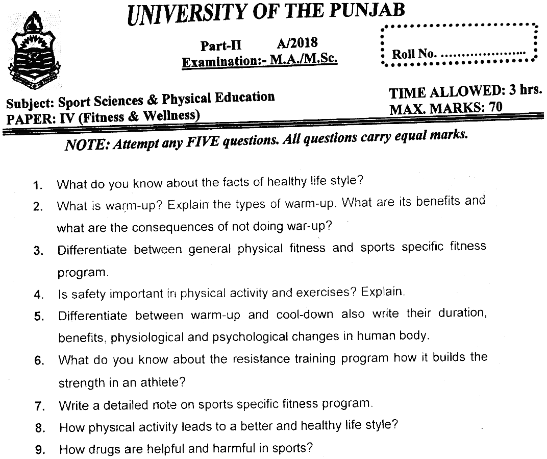 MSc Part 2 Sport Sciences And Physical Education Fitness And Wellness Past Paper 2018 Punjab University Subjective