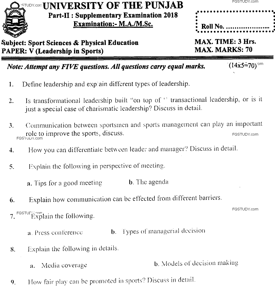 MSc Part 2 Sport Sciences And Physical Education Leadership In Sports Past Paper 2018 Punjab University Subjective