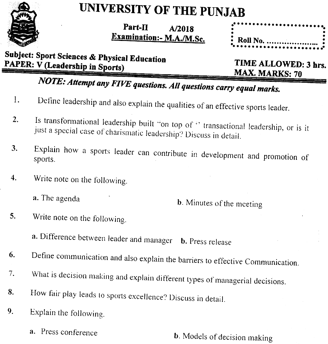 MSc Part 2 Sport Sciences And Physical Education Leadership In Sports Past Paper 2018 Punjab University Subjective
