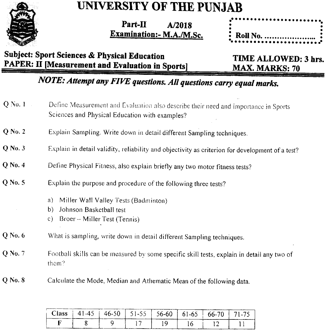 MSc Part 2 Sport Sciences And Physical Education Measurement And Evaluation In Sports Past Paper 2018 Punjab University Subjective