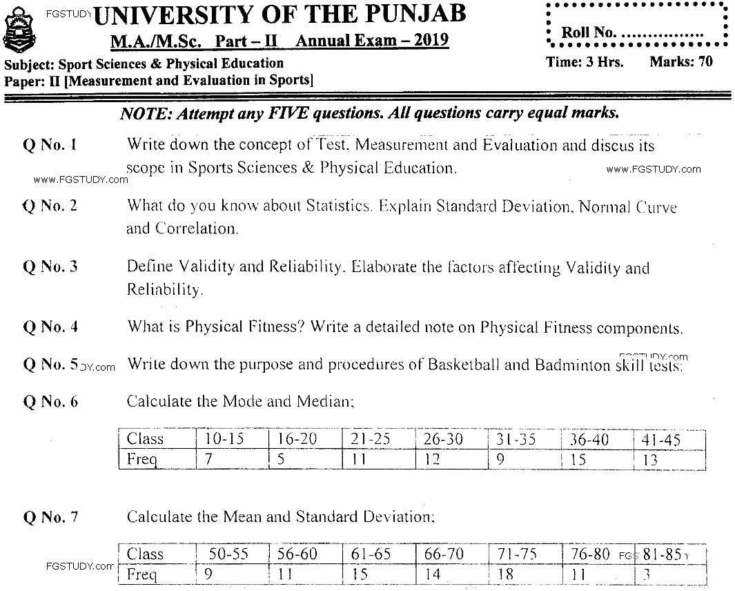 MSc Part 2 Sport Sciences And Physical Education Measurement And Evaluation In Sports Past Paper 2019 Punjab University Subjective