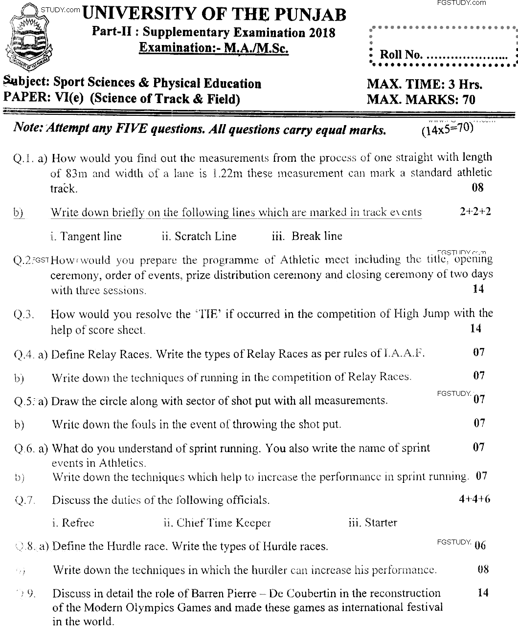 MSc Part 2 Sport Sciences And Physical Education Science Of Track And Field Past Paper 2018 Punjab University Subjective