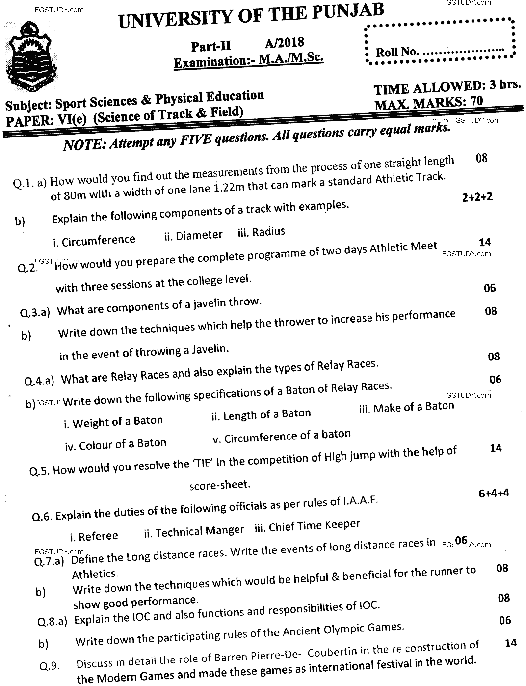 MSc Part 2 Sport Sciences And Physical Education Science Of Track And Field Past Paper 2018 Punjab University Subjective
