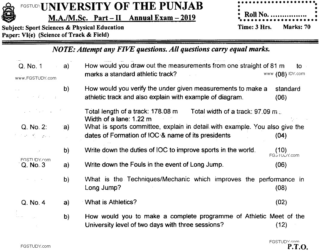 MSc Part 2 Sport Sciences And Physical Education Science Of Track And Field Past Paper 2019 Punjab University Subjective