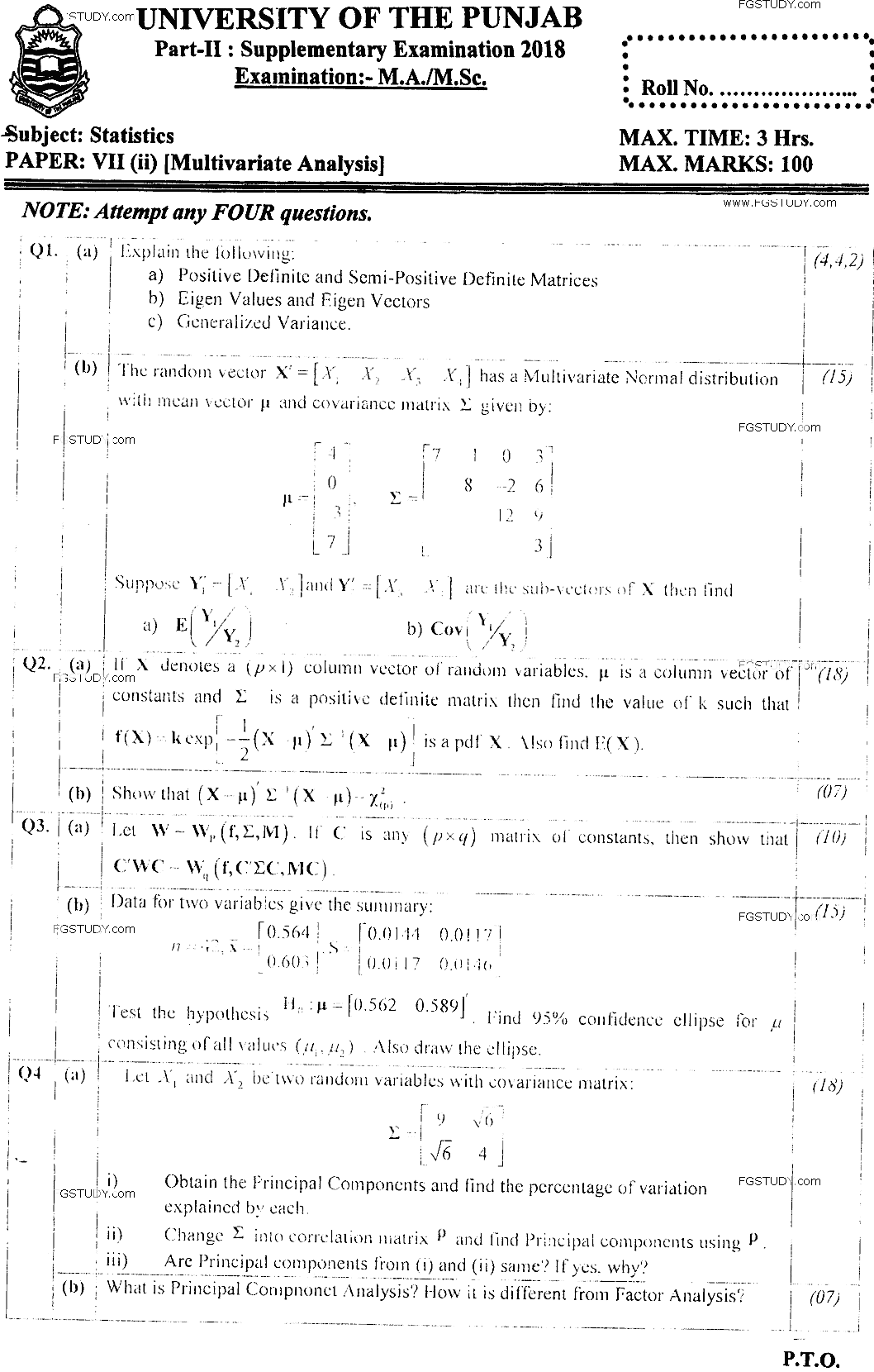 MSc Part 2 Statistics Multivariate Analysis Past Paper 2018 Punjab University Subjective