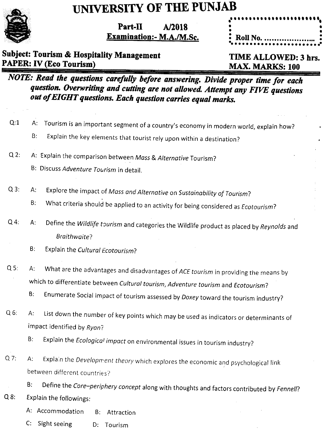 MSc Part 2 Tourism And Hospitality Management Eco Tourism Past Paper 2018 Punjab University Subjective