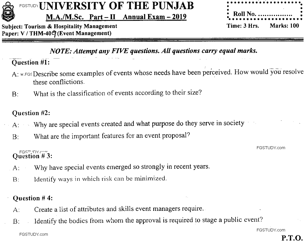 MSc Part 2 Tourism And Hospitality Management Event Management Past Paper 2019 Punjab University Subjective