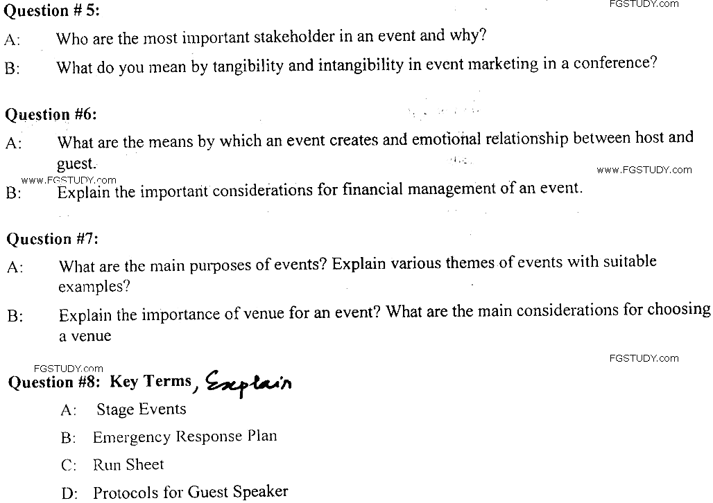 MSc Part 2 Tourism And Hospitality Management Event Management Past Paper 2019 Punjab University Subjective