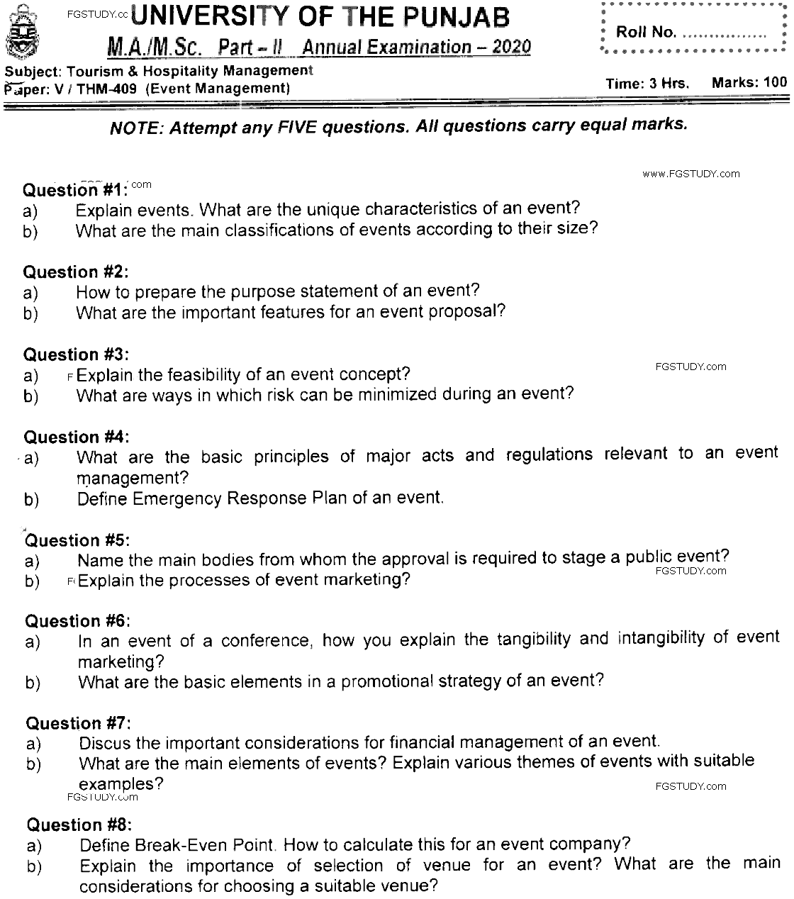 MSc Part 2 Tourism And Hospitality Management Event Management Past Paper 2020 Punjab University Subjective
