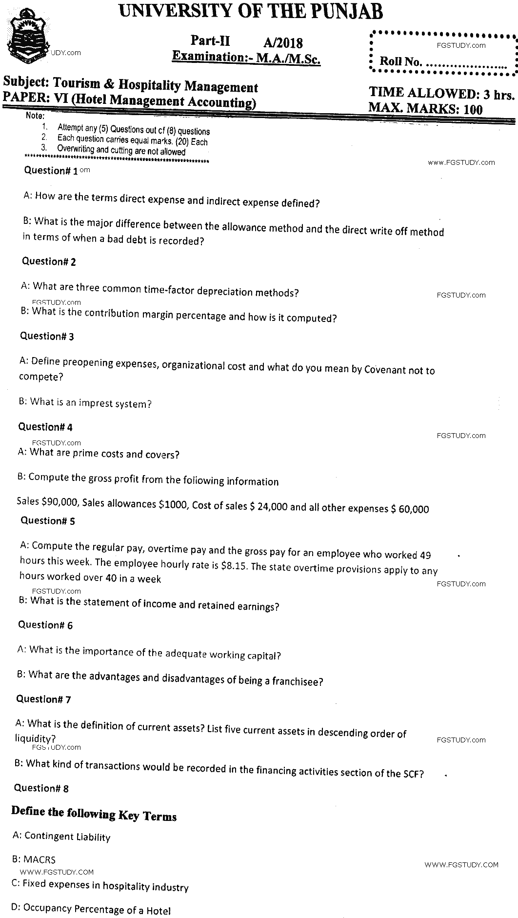 MSc Part 2 Tourism And Hospitality Management Hotel Management Accounting Past Paper 2018 Punjab University Subjective