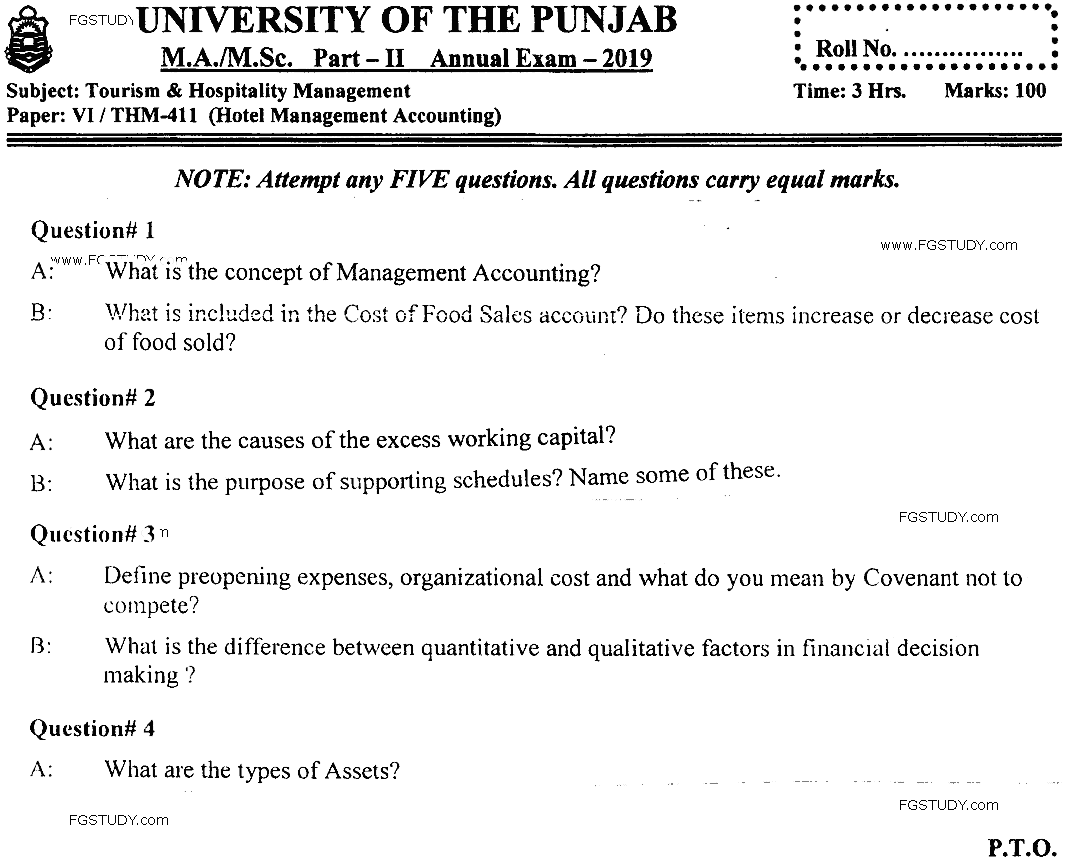 MSc Part 2 Tourism And Hospitality Management Hotel Management Accounting Past Paper 2019 Punjab University Subjective