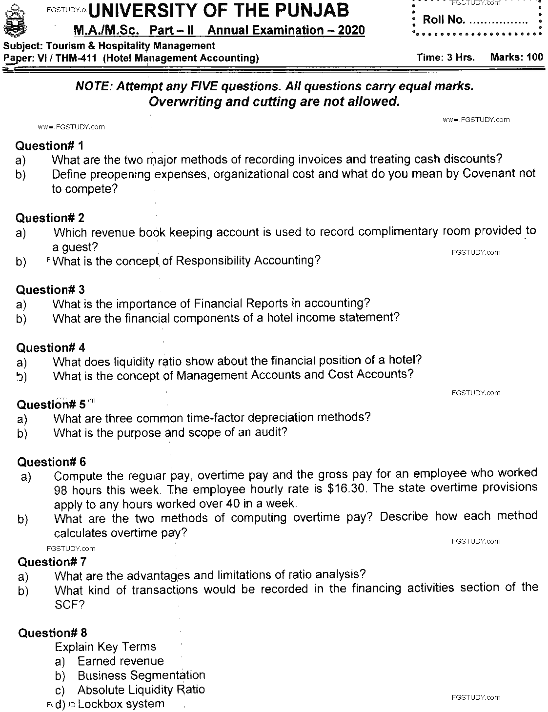 MSc Part 2 Tourism And Hospitality Management Hotel Management Accounting Past Paper 2020 Punjab University Subjective